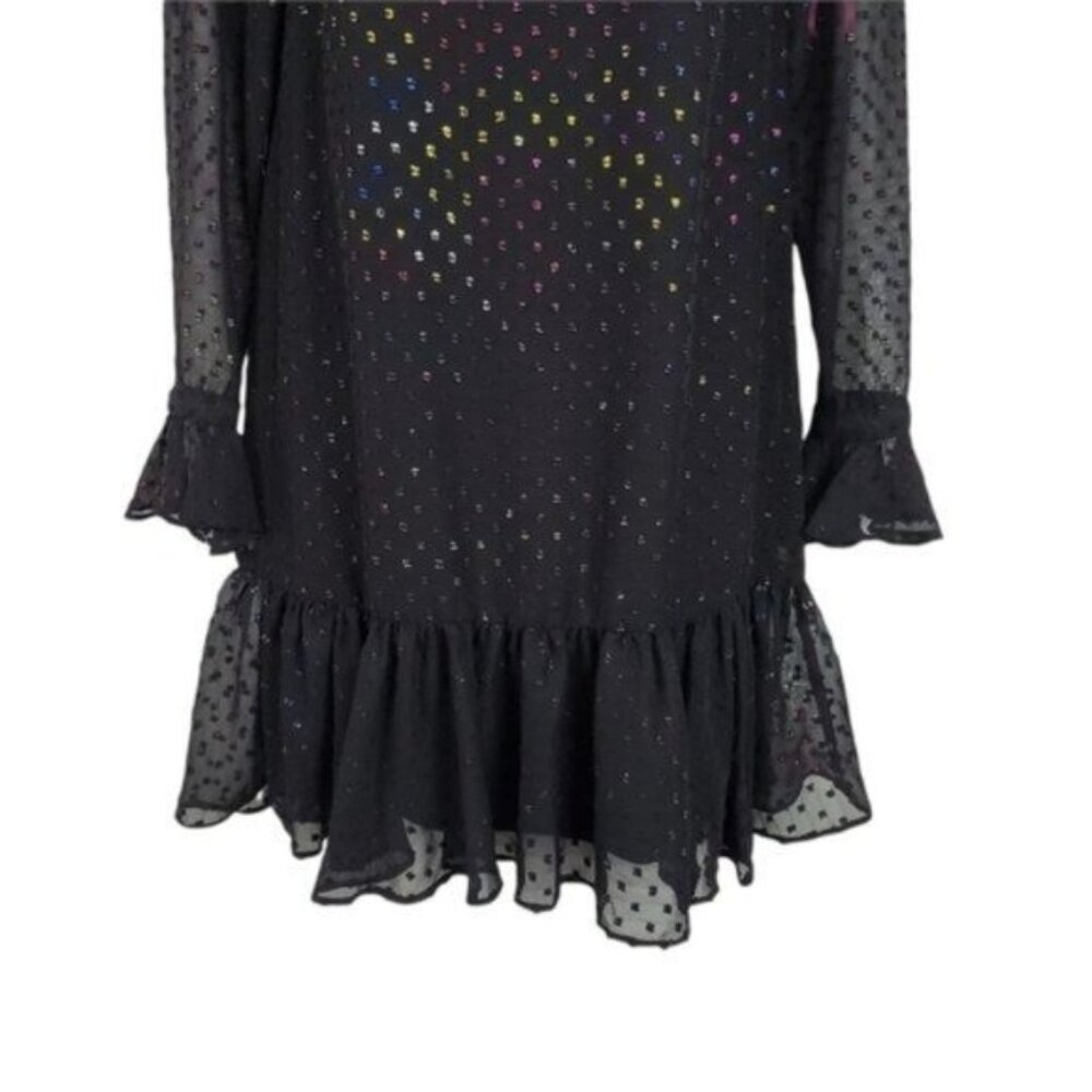Betsey Johnson Womens Long Sleeve Black Shimmer Ruffle Shift Mini Dress Size 0 - Picture 3 of 9